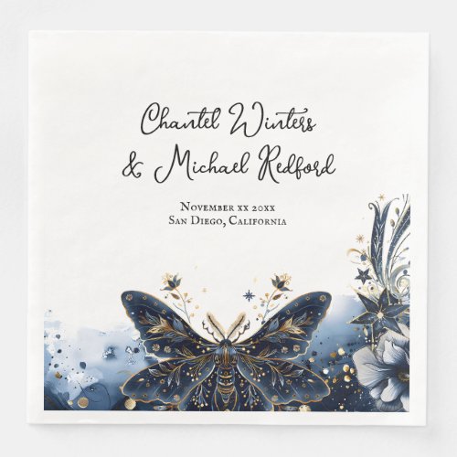 Celestial Navy Blue and Gold Moth Wedding Welcome Paper Dinner Napkins