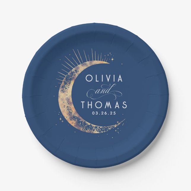 Celestial Navy Blue and Gold Mystical Wedding Paper Plates (Front)