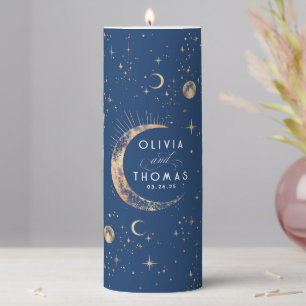 Celestial Navy Blue and Gold Mystical Wedding Pillar Candle