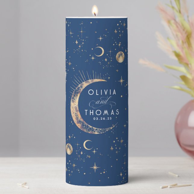 Celestial Navy Blue and Gold Mystical Wedding Pillar Candle (In Situ)
