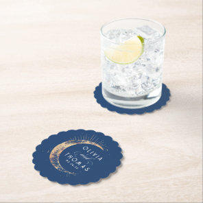 Celestial Navy Blue and Gold Stars Moon Wedding Paper Coaster
