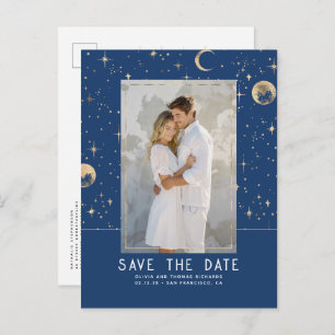 Celestial Navy Blue and Gold Stars Save The Date Announcement Postcard