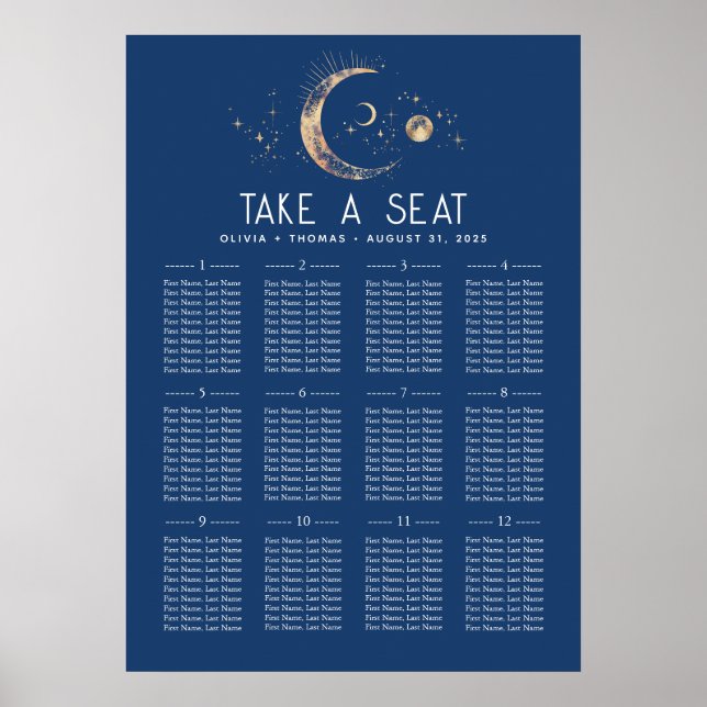 Celestial Navy Blue and Gold Wedding Seating Chart (Front)