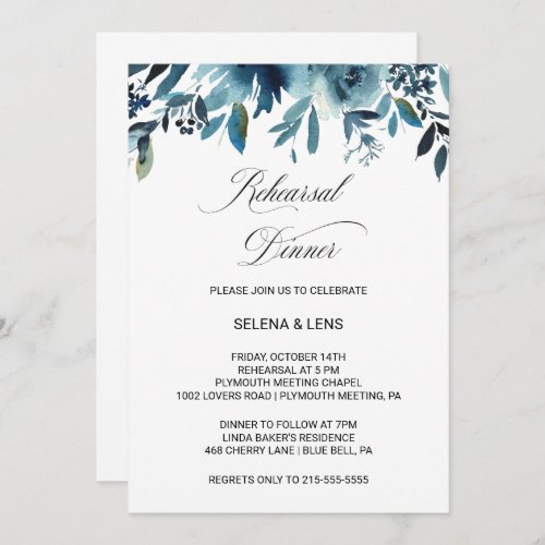 Celestial Navy Blue Floral Rehearsal Dinner Invitation