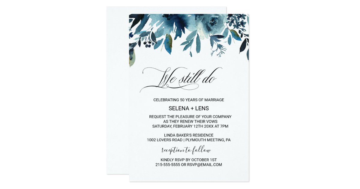 Celestial Navy Blue Floral Vow Renewal Invitation Zazzle.com