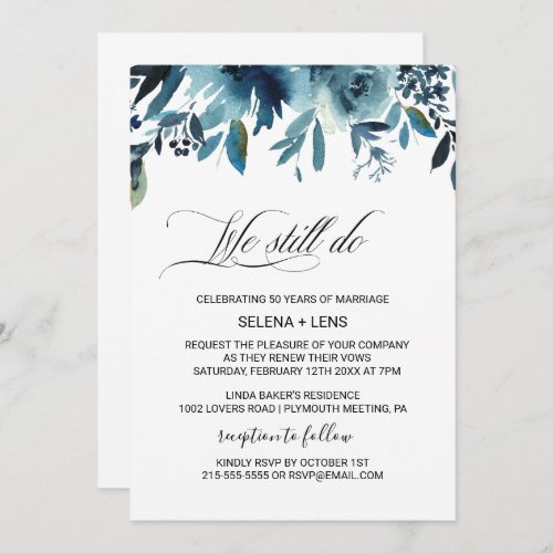 Celestial Navy Blue Floral Vow Renewal Invitation