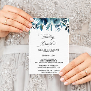 Celestial Navy Blue Floral Wedding Breakfast Invitation