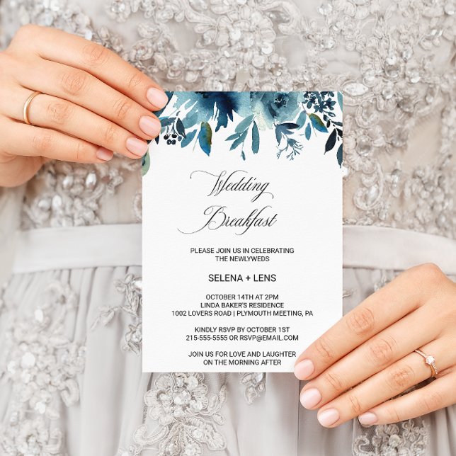 Celestial Navy Blue Floral Wedding Breakfast Invitation (Creator Uploaded)