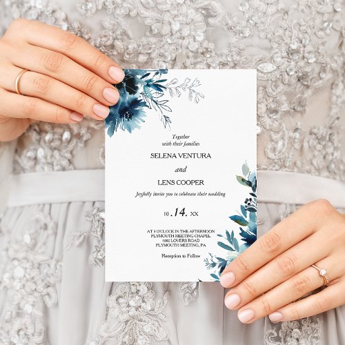 Celestial Navy Blue Floral Wedding Invitation