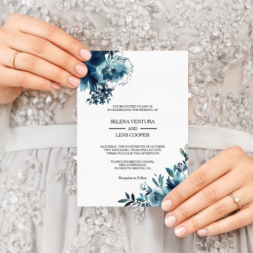Celestial Navy Blue Floral wedding Invitation