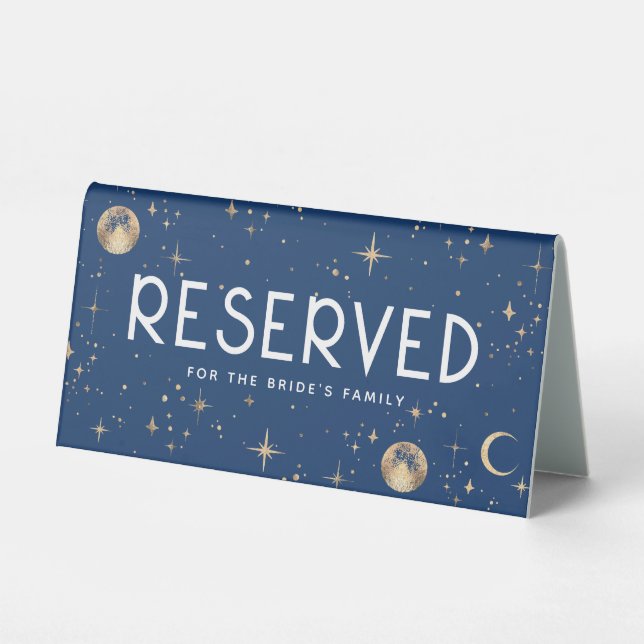 Celestial Navy Blue & Gold Stars Wedding Reserved Table Tent (Front)