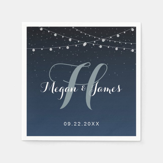 Celestial Navy Blue Starry Night Wedding Monogram Napkins (Front)