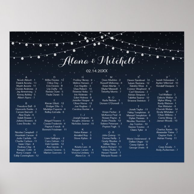 Celestial Navy Blue Stars Wedding Seating Chart (Front)
