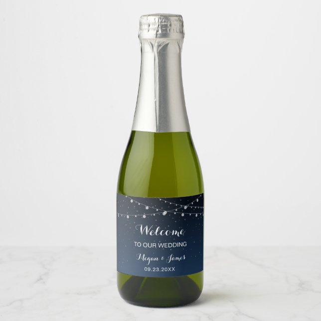 Celestial Navy Blue Stars Welcome  Sparkling Wine Label (Front)