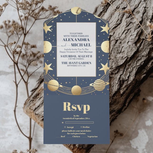 Celestial Navy Gold Crescent Moon Wedding All In One Invitation (Creator Uploaded)