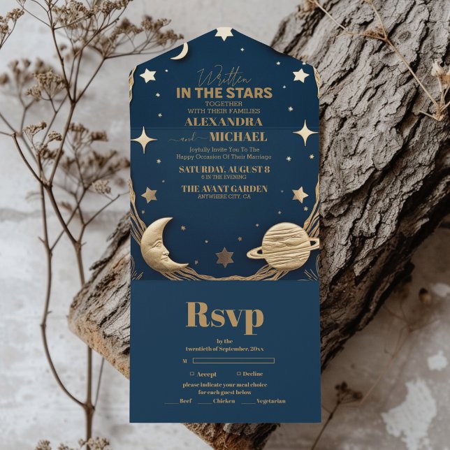 Celestial Navy Gold Crescent Moon Wedding All In One Invitation (Creator Uploaded)