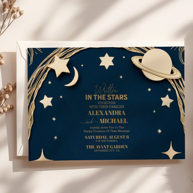Celestial Navy Gold Crescent Moon Wedding Invitation (Creator Uploaded)