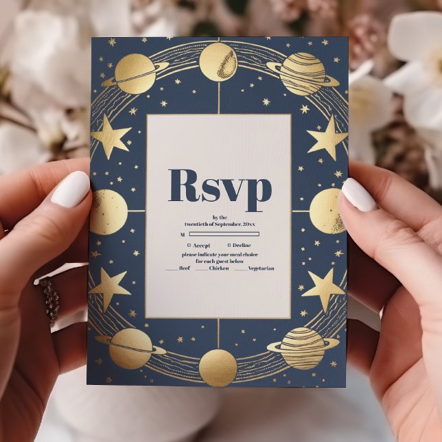 Celestial Navy Gold Crescent Moon Wedding RSVP Card (Creator Uploaded)