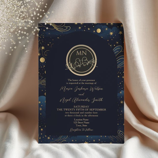 Celestial Navy Gold Monogram Wedding Invitation (Creator Uploaded)
