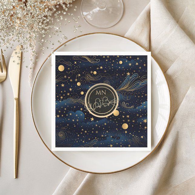 Celestial Navy Gold Monogram Wedding Napkins (Creator Uploaded)