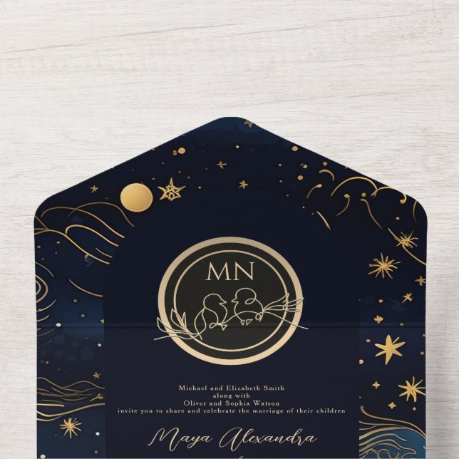 Celestial Navy Gold QR Code Wedding All In One Invitation | Zazzle