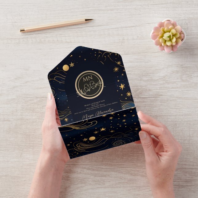 Celestial Navy Gold QR Code Wedding All In One Invitation | Zazzle