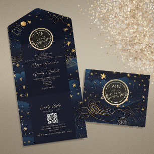Celestial Navy Gold QR Code Wedding All In One Invitation