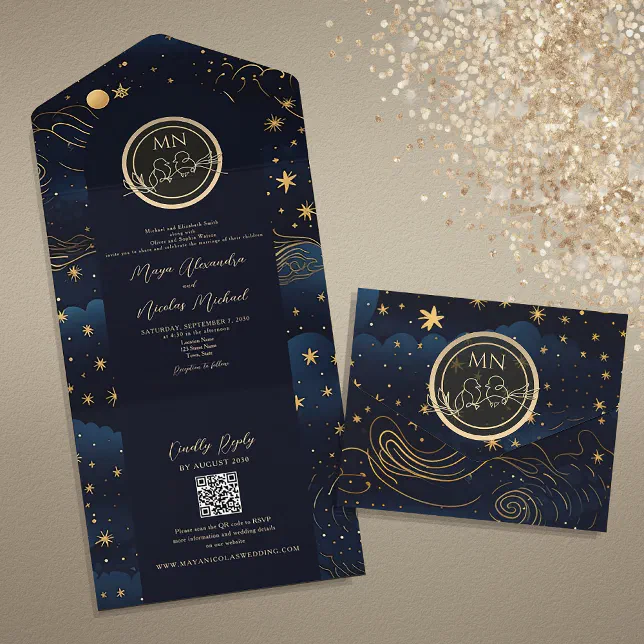 Celestial Navy Gold QR Code Wedding All In One Invitation | Zazzle