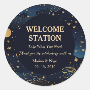 Celestial Navy Gold Wedding Welcome Station Classic Round Sticker