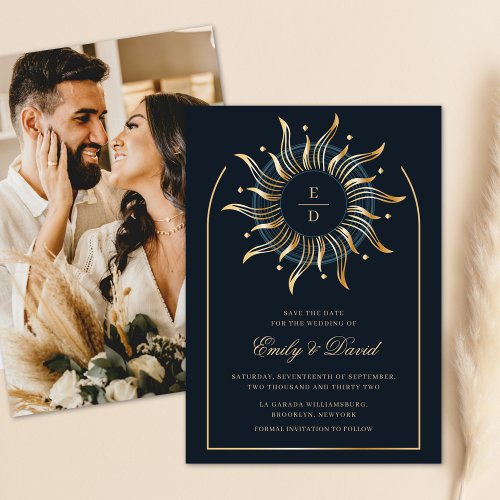 Celestial Navy Golden Monogram Mystical Photo Save The Date