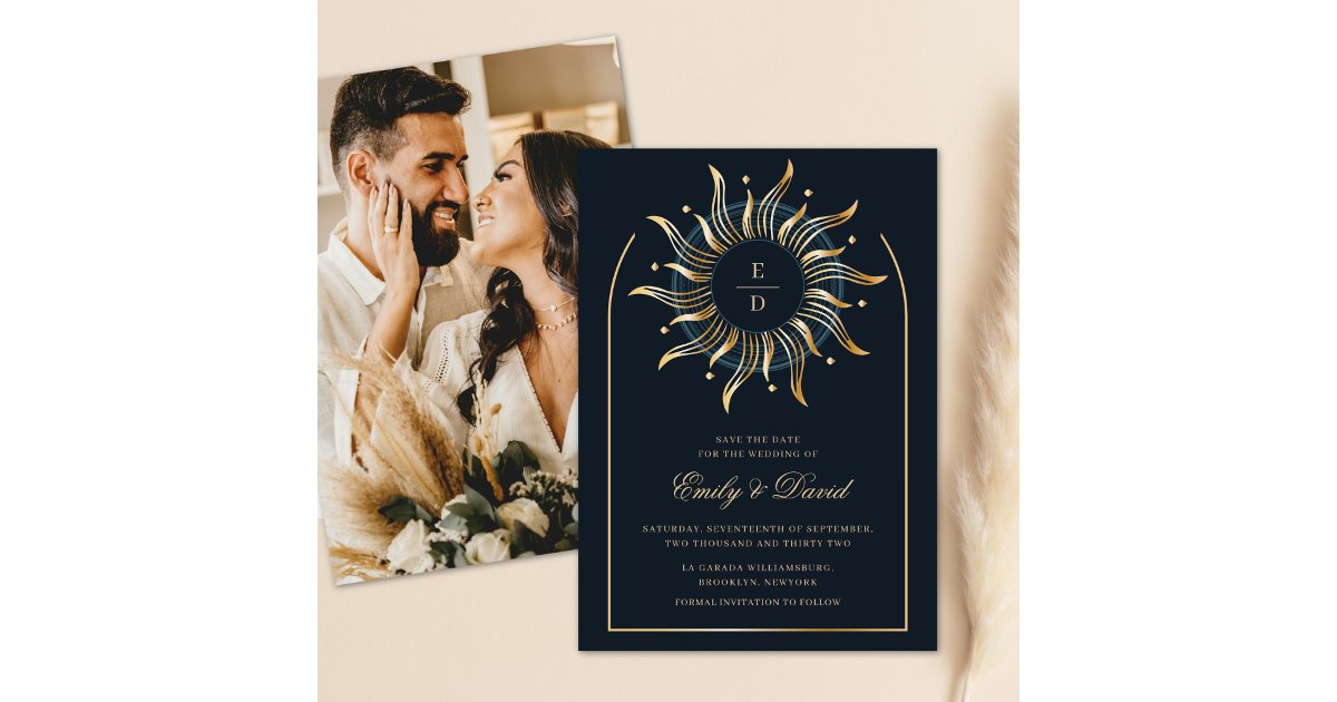 Celestial Navy Golden Monogram Mystical Photo Save The Date | Zazzle