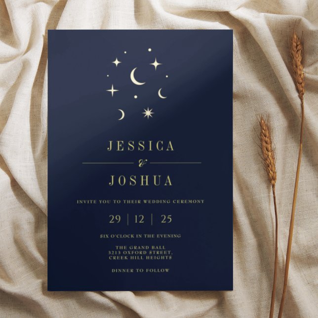 Celestial Navy Minimal Star Moon Elegant Foil Invitation (Creator Uploaded)