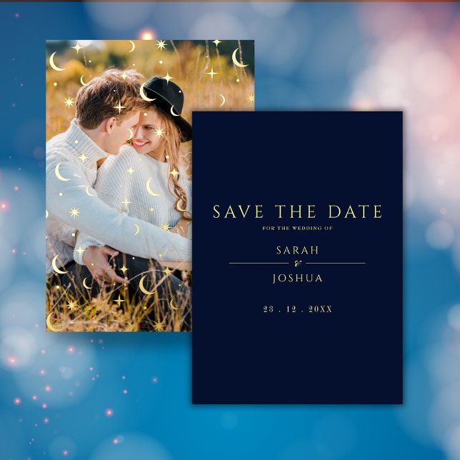Celestial Navy Minimal Star Moon Photo Foil Invitation (Creator Uploaded)