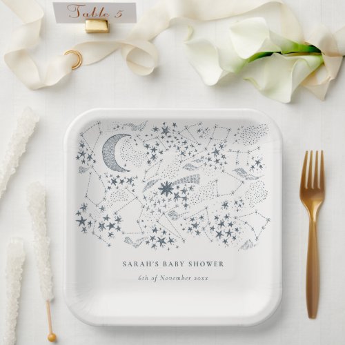 Celestial Navy Starry Night Moon Baby Shower Paper Plates