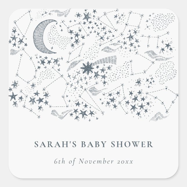 Celestial Navy Starry Night Moon Baby Shower Square Sticker (Front)