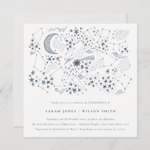 Celestial Navy Starry Night Moon Sketch Engagement Invitation