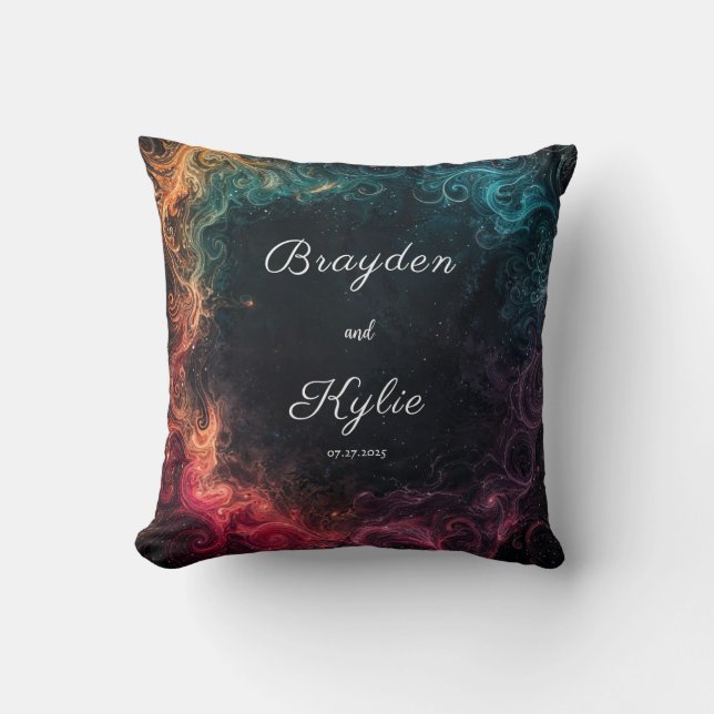 Celestial Nebula Abstract Swirl Teal Red Magenta Throw Pillow (Front)