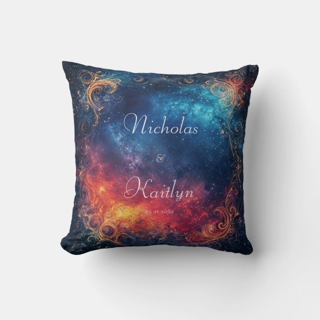 Celestial Nebula Fire Ice Gold Scrollwork Throw Pillow (Front)