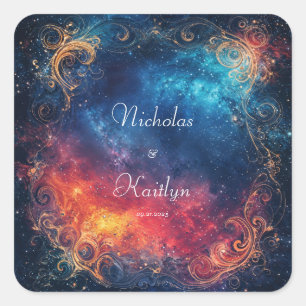 Celestial Nebula Fire Ice Gold Scrollwork Wedding Square Sticker