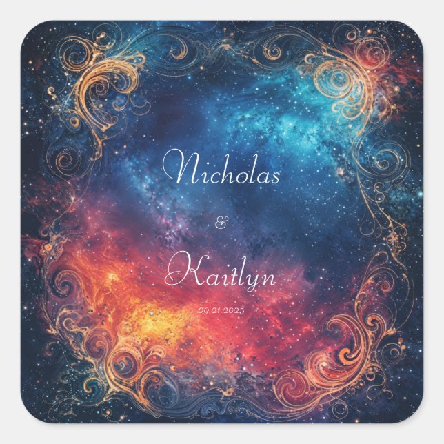Celestial Nebula Fire Ice Gold Scrollwork Wedding Square Sticker (Front)