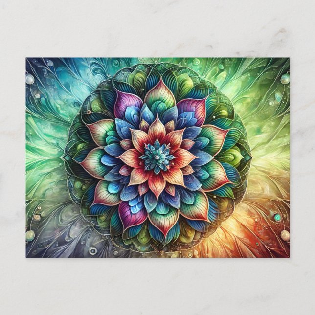 Celestial Neon Mandala with Vibrant Abstract Postcard (Front)