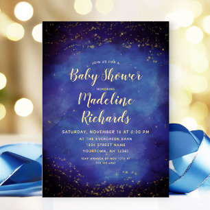 Celestial Night Sky Blue & Gold Stars Baby Shower Invitation