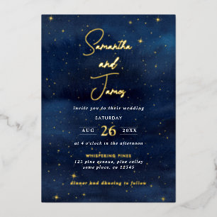 Celestial Night Sky Evening Wedding Blue & Gold Foil Invitation