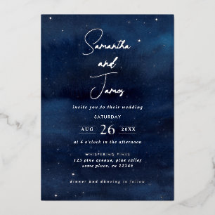 Celestial Night Sky Evening Wedding Blue & Silver Foil Invitation