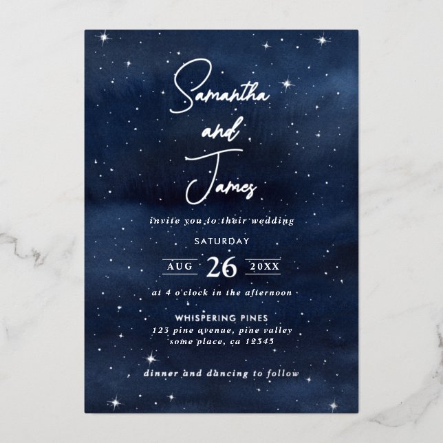 Celestial Night Sky Evening Wedding Blue & Silver Foil Invitation (Front)