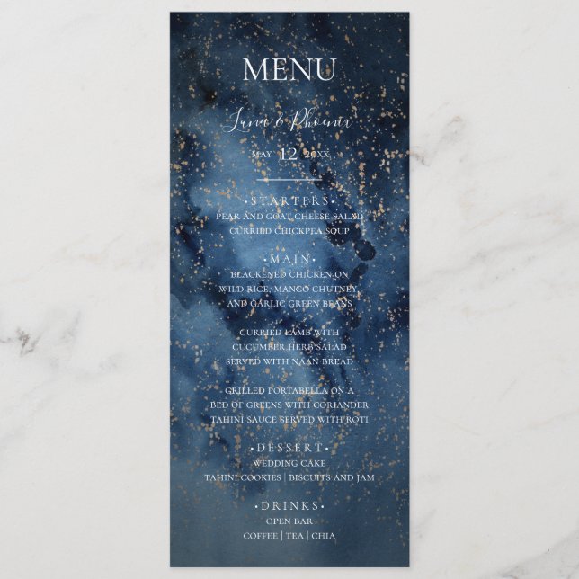 Celestial Night Sky | Gold Wedding Dinner Menu (Front)