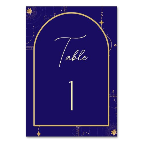 Celestial Night Sky Navy Blue and Gold Wedding Table Number