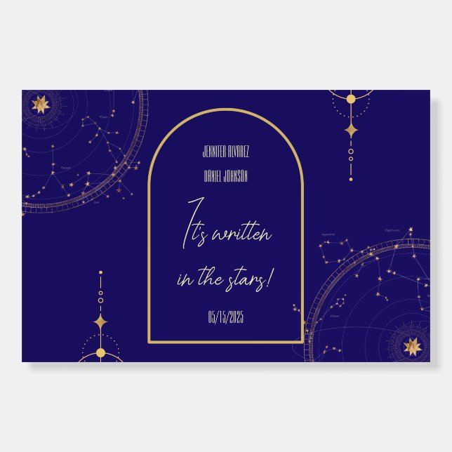 Celestial Night Sky Navy Blue Gold Wedding Sign (Front)