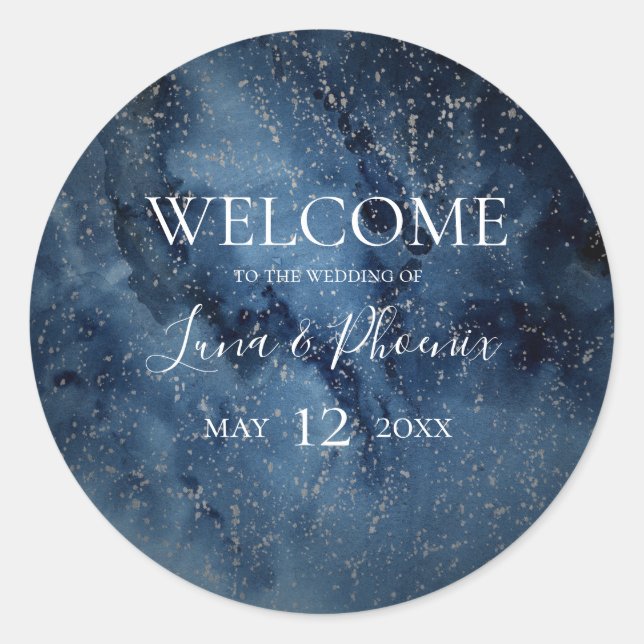 Celestial Night Sky Silver Wedding Welcome Sticker (Front)