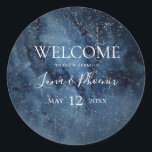 Celestial Night Sky Silver Wedding Welcome Sticker<br><div class="desc">This celestial night sky | silver wedding welcome sticker is perfect for your enchanted under-the-stars wedding. The dark navy blue watercolor sky, dotted with silver stars, will set the tone for your evening boho outdoor wedding. Personalize it as you wish or keep it as is. Be sure to look through...</div>